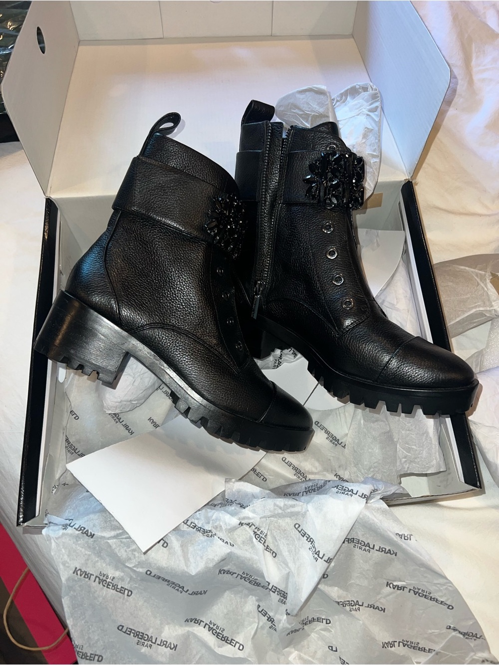 Karl Lagerfeld Black Leather Combat Boots with Crystal Floral Accent